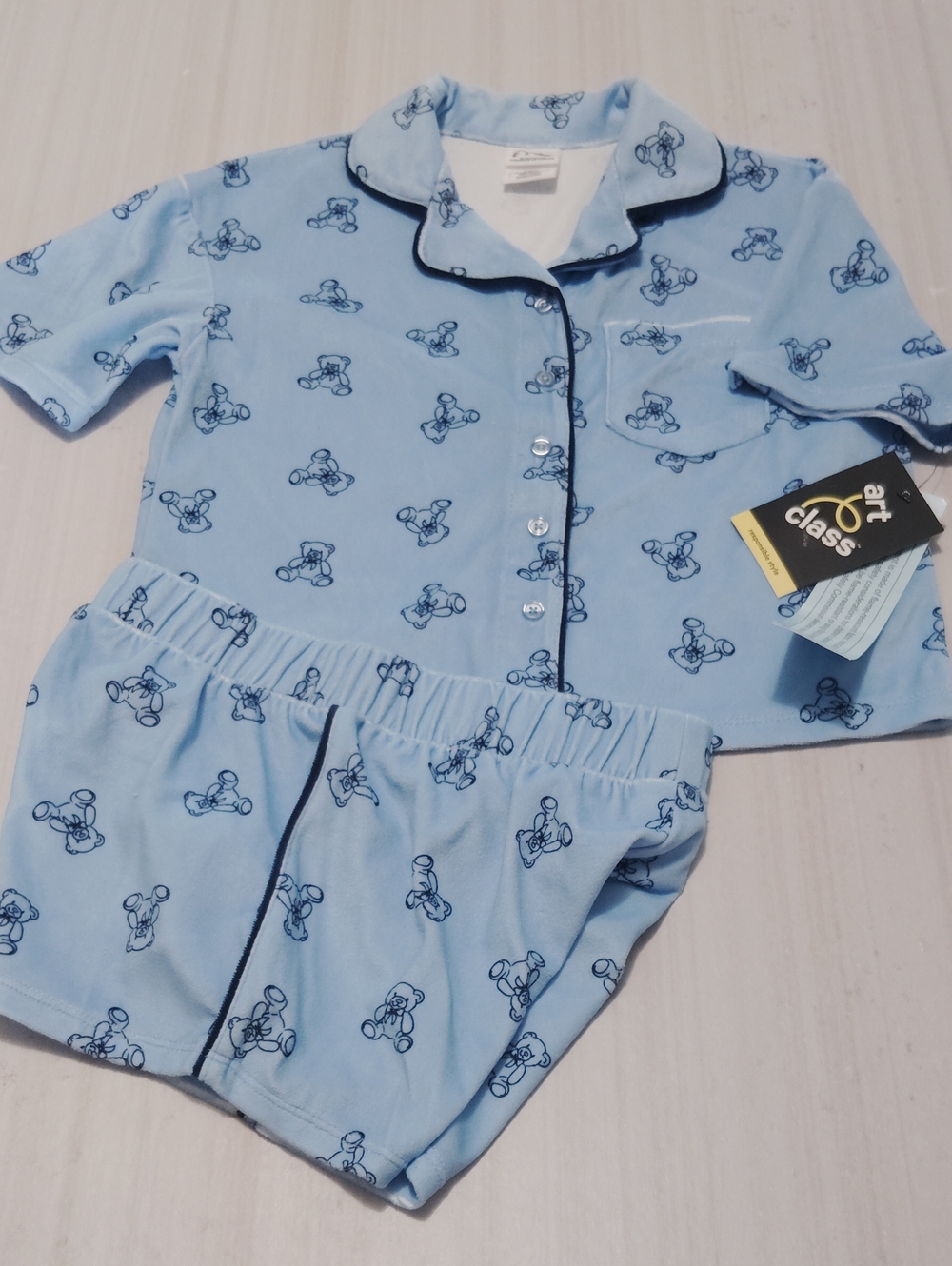 NWT Art Class Girls' Small 6/7 Blue Bear Fleece Short Sleeve Button-Down Pajama